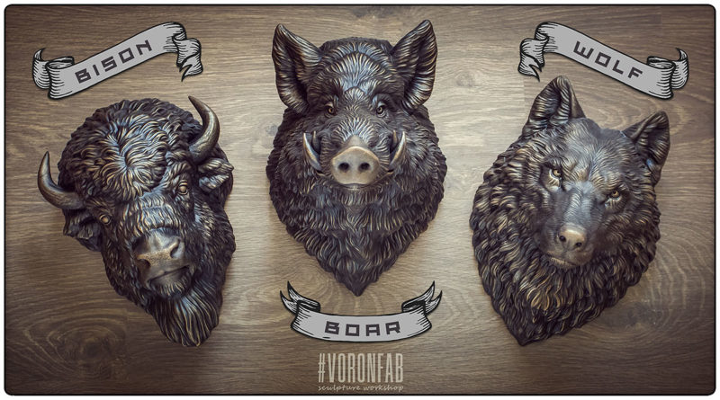 Buy animal sculptures by Voronfab. Wild boar, bison wall decor