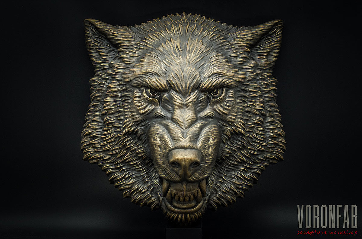 Angry Wolf animal head relief sculpture, faux bronze by VoronFab