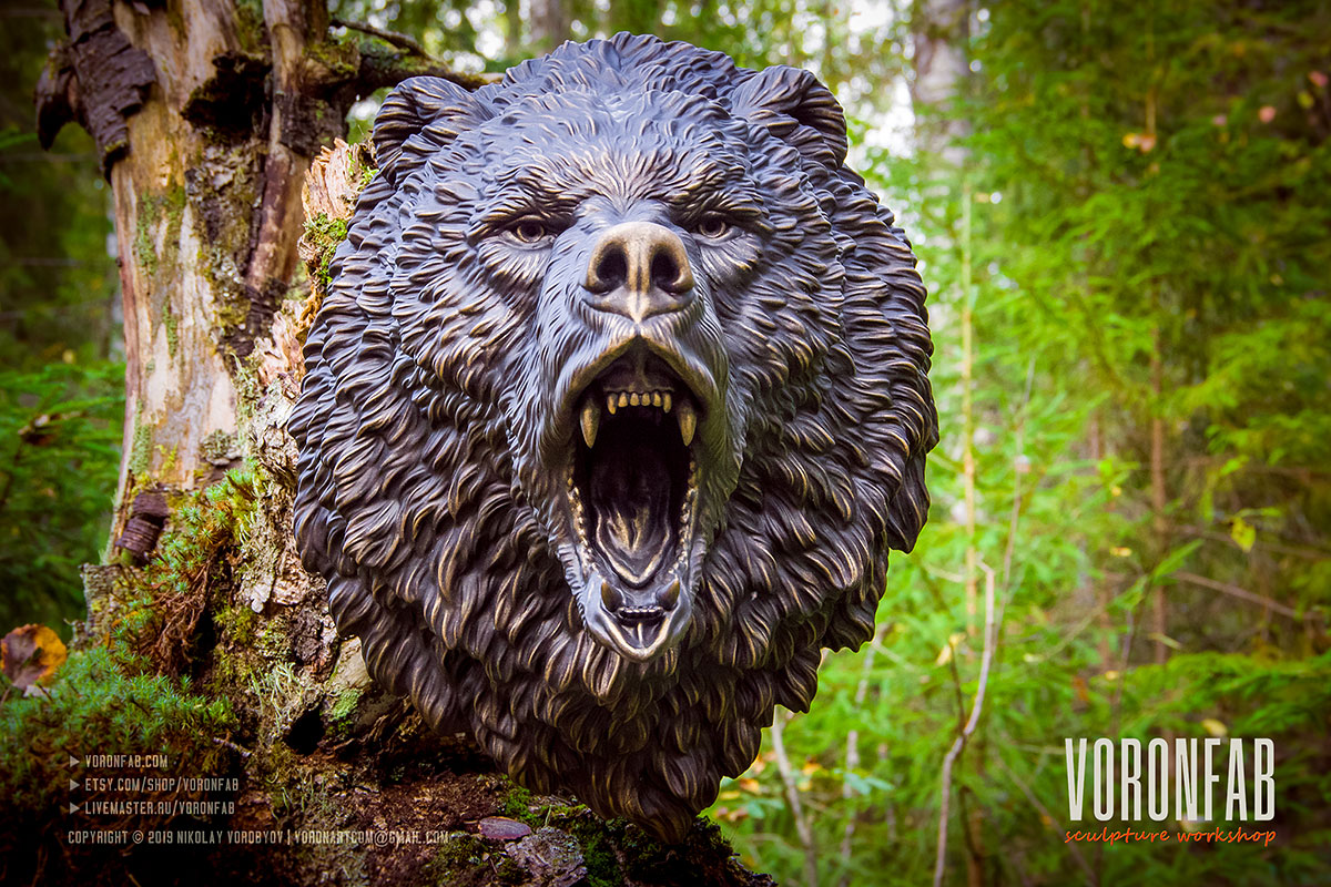 Roaring bear head bronze wall sculpture faux taxidermy