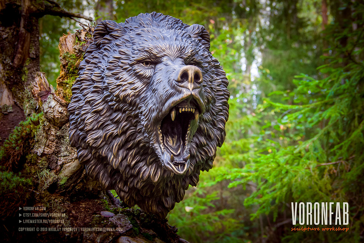 Bear animal head sculpture faux taxidermy antique bronze